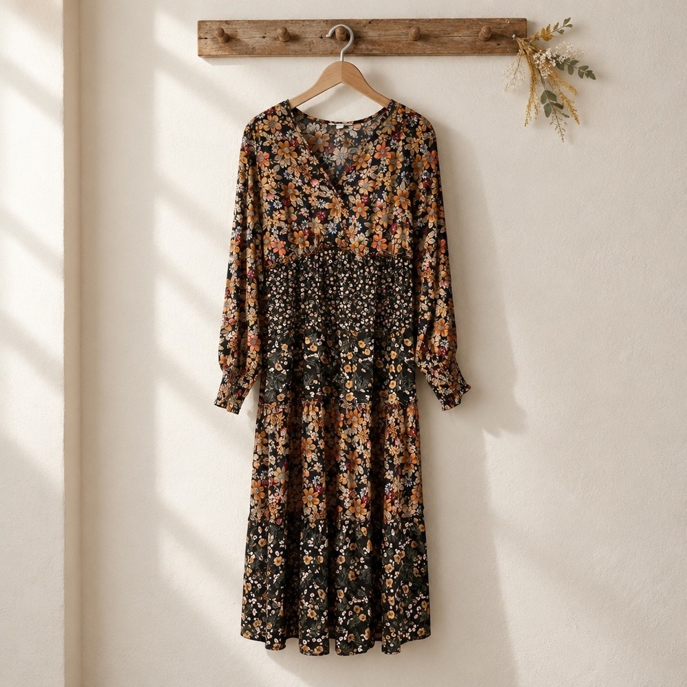 Umgee Floral Smocked Waist Tiered Midi Dress Metallic Threading Long Sleeve L